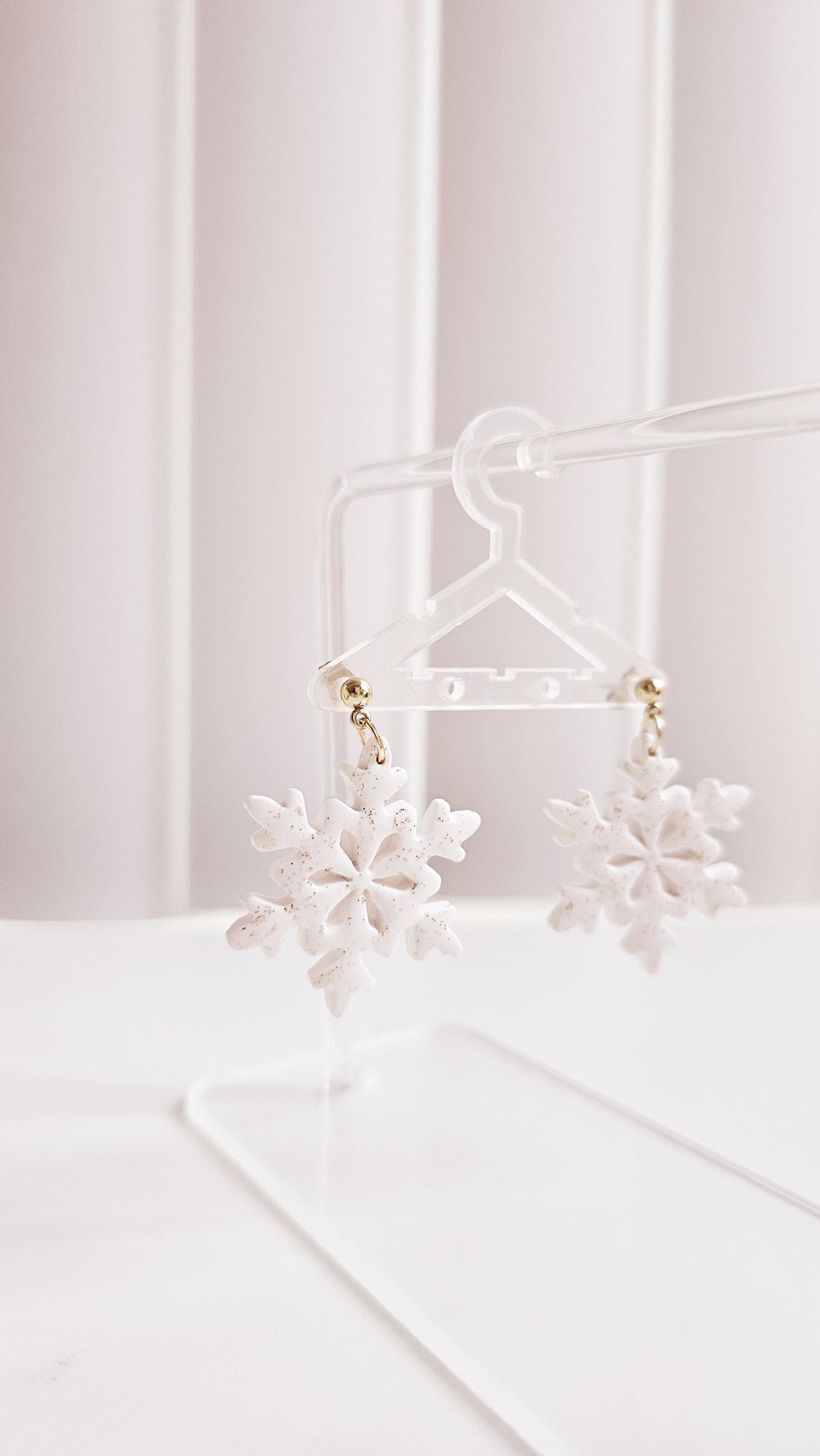 Snowflake Earrings with Gold Shimmer, Lightweight Polymer Clay Handmade Dangles for Christmas and Winter Season