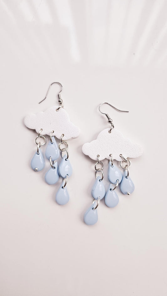 Handmade Rain Cloud Earrings with Polymer Clay and Cute Raindrop Accents - Gift for Nature Lovers