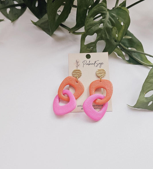 Abstract Link Earrings: Hot Pink & Orange Statement Jewelry for Creative Woman, Handmade Gifts for Women