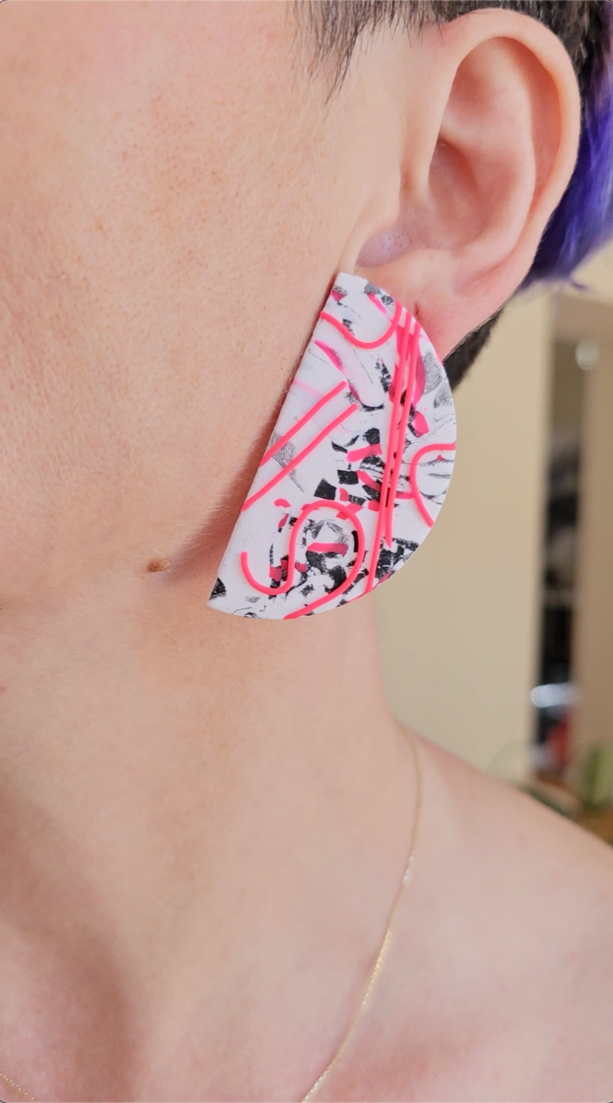 Oversized Neon Pink Abstract Art Polymer Clay Statement Earrings