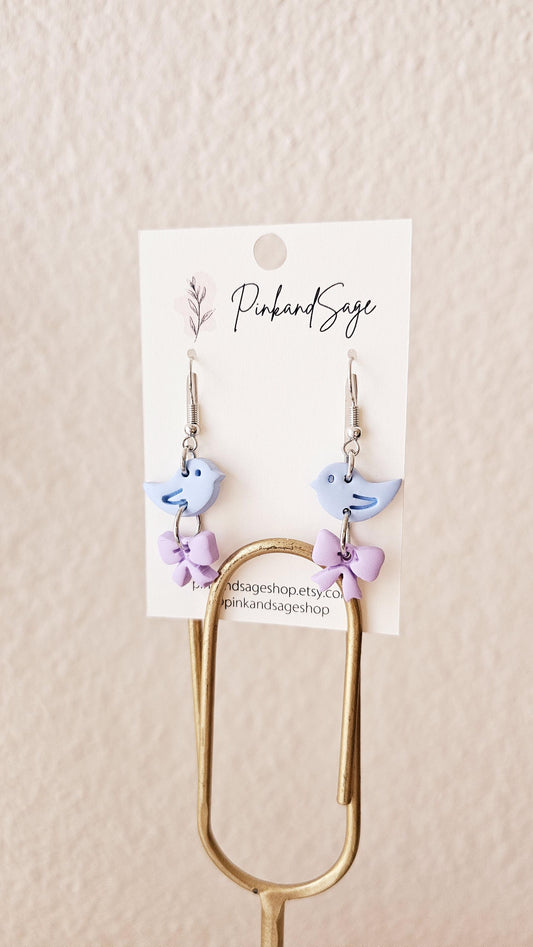 Love Birds Handmade Clay Earrings with Mini Bows for Valentine's Day, Lightweight Polymer Clay, Gift for Wife, Best Friend or Sister
