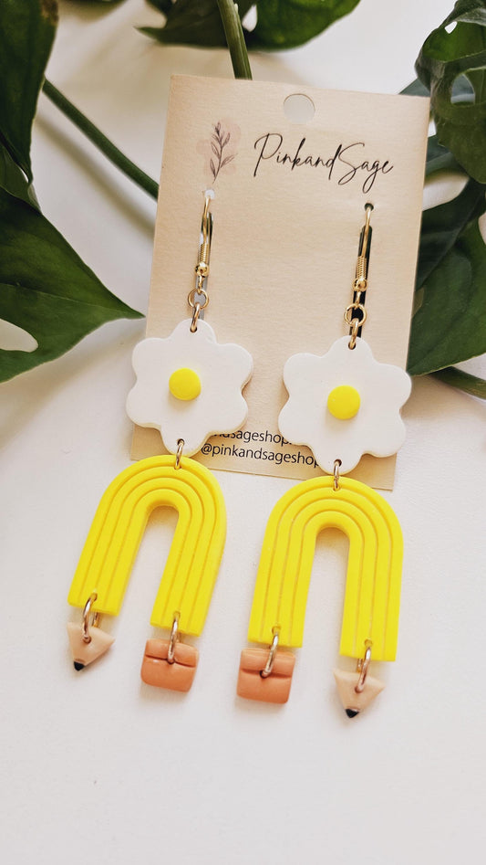 Bloom & Learn: Daisy Pencil Earrings, Handmade Dangle Earrings, Best for Teachers, Back to School and Flower Lovers