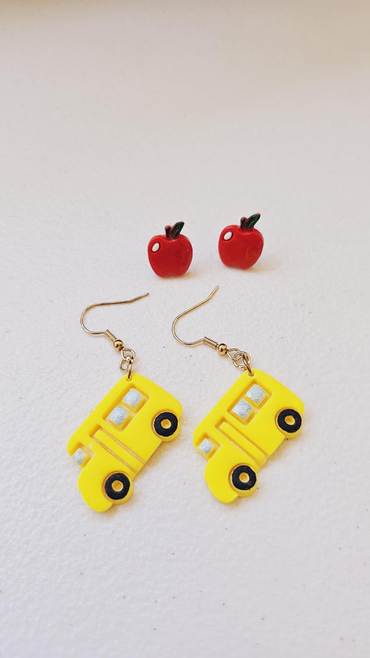 Apple and School Bus Earring Set, Stud and Dangle Set for Educators, Teachers and Students