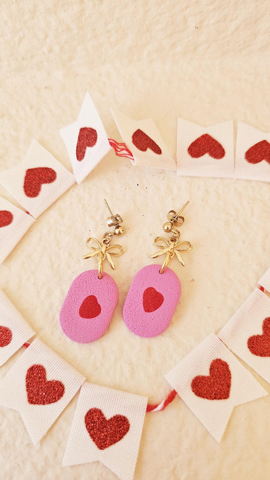 Handmade Clay Earrings with Mini Hearts and Bow, Lightweight Polymer Clay Earrings, Gift for Wife, Best Friend or Sister