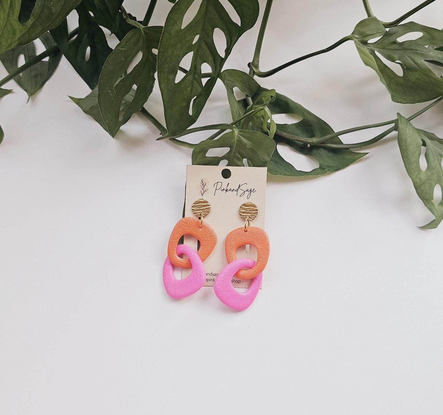 Abstract Link Earrings: Hot Pink & Orange Statement Jewelry for Creative Woman, Handmade Gifts for Women