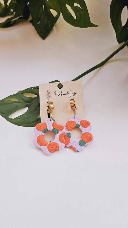 Citrus Bloom: Flower Dangle Earrings with Orange Pattern for Creative Woman, Handmade Gifts for Flower and Orange Lovers