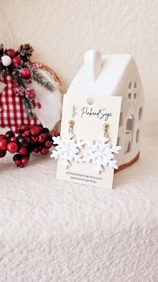 Snowflake Earrings with Gold Shimmer, Lightweight Polymer Clay Handmade Dangles for Christmas and Winter Season