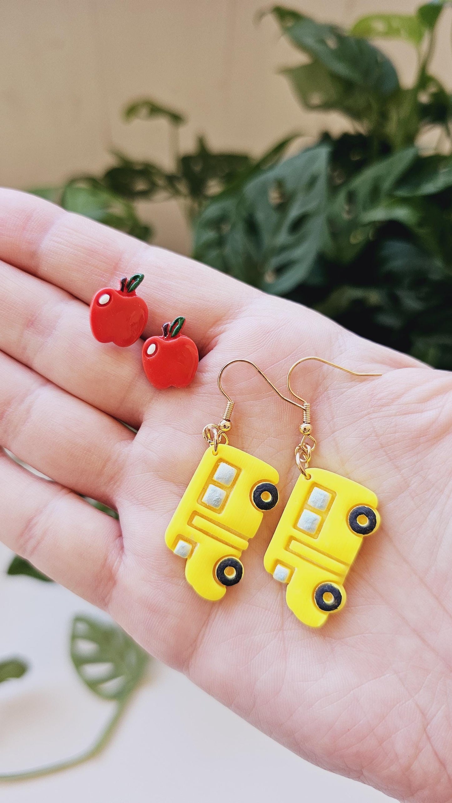 Apple and School Bus Earring Set, Stud and Dangle Set for Educators, Teachers and Students