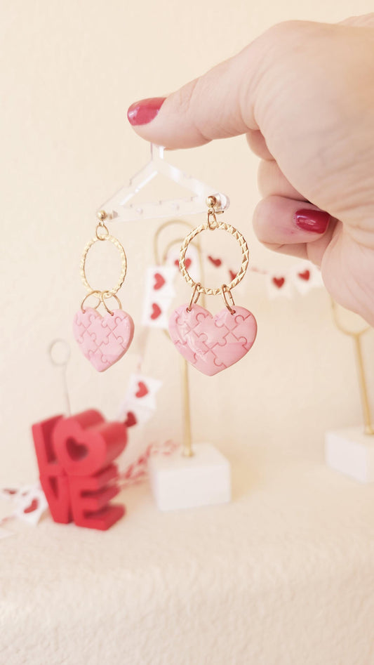 Heart Puzzle Handmade Clay Earrings, Lightweight Polymer Clay, Gift for Wife, Best Friend or Sister