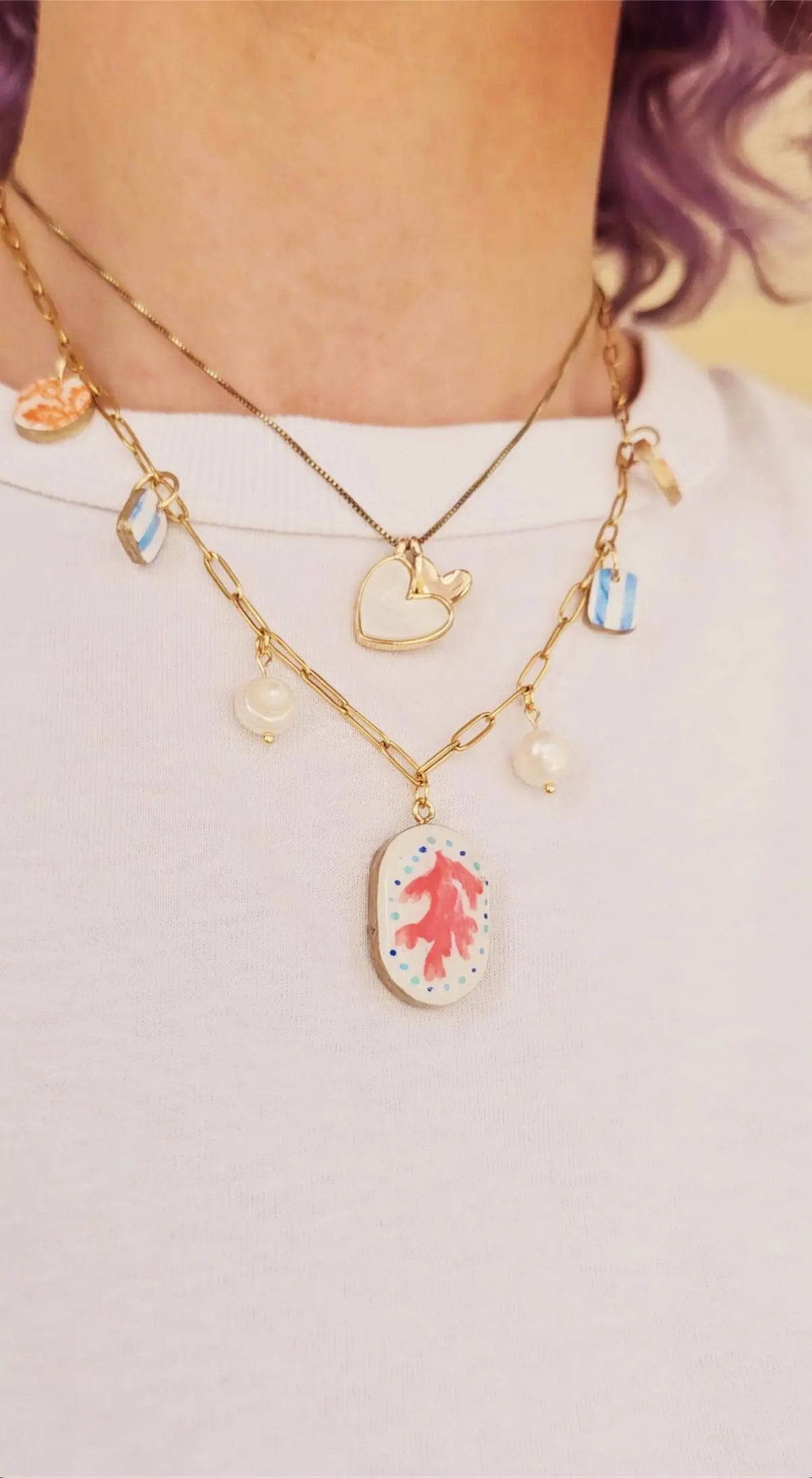 Coral Reef Charm Necklace – Polymer Clay Jewelry with Pearls – Coastal Pendant – Nautical Jewelry – Handmade Gift for Beach Lovers