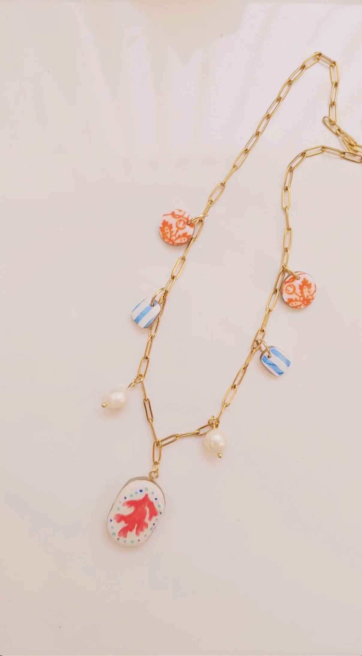 Coral Reef Charm Necklace – Polymer Clay Jewelry with Pearls – Coastal Pendant – Nautical Jewelry – Handmade Gift for Beach Lovers