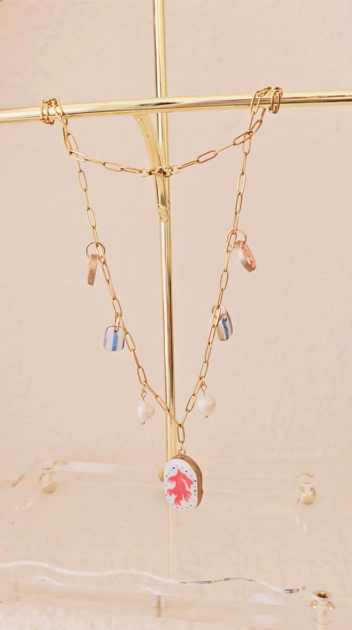 Coral Reef Charm Necklace – Polymer Clay Jewelry with Pearls – Coastal Pendant – Nautical Jewelry – Handmade Gift for Beach Lovers