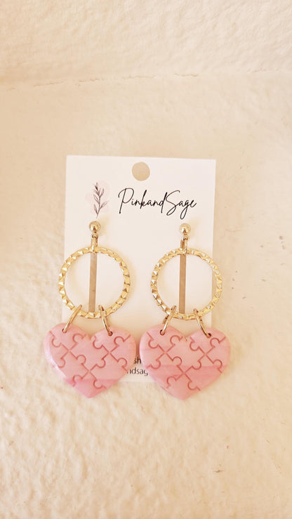 Heart Puzzle Handmade Clay Earrings, Lightweight Polymer Clay, Gift for Wife, Best Friend or Sister