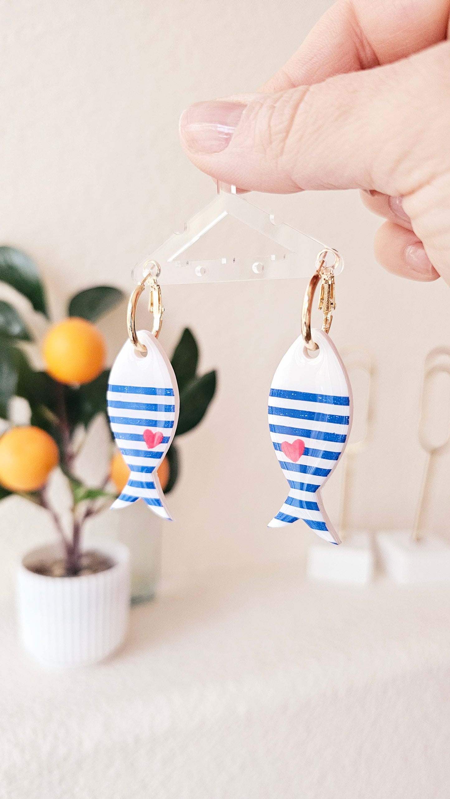 Striped Fish Earrings - Nautical Polymer Clay Dangles with Red Heart, Coastal Jewelry, Handmade Gift for Ocean Lovers