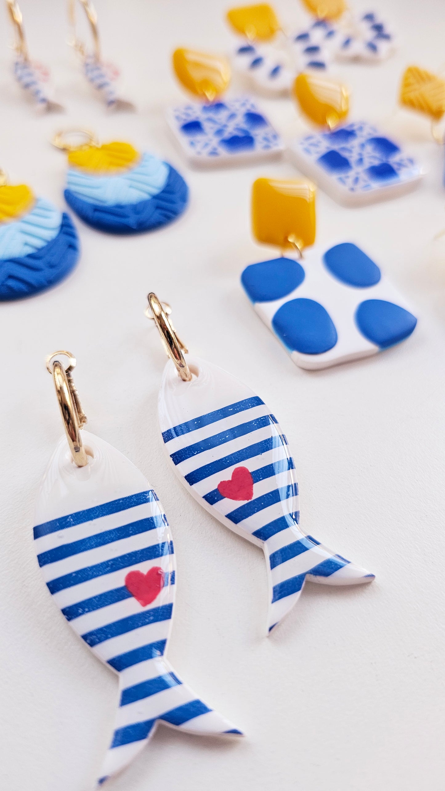Striped Fish Earrings - Nautical Polymer Clay Dangles with Red Heart, Coastal Jewelry, Handmade Gift for Ocean Lovers