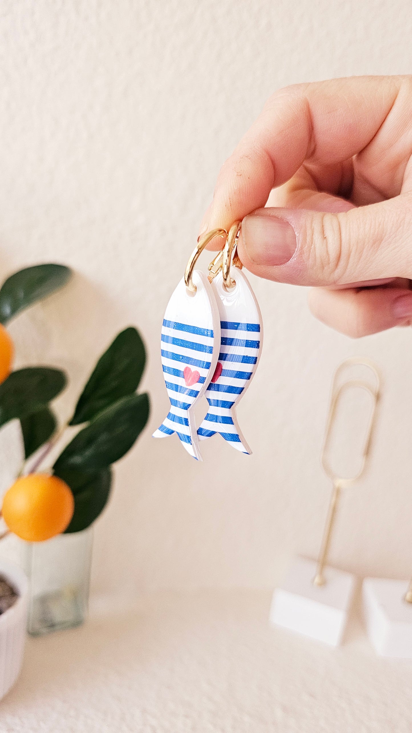 Striped Fish Earrings - Nautical Polymer Clay Dangles with Red Heart, Coastal Jewelry, Handmade Gift for Ocean Lovers
