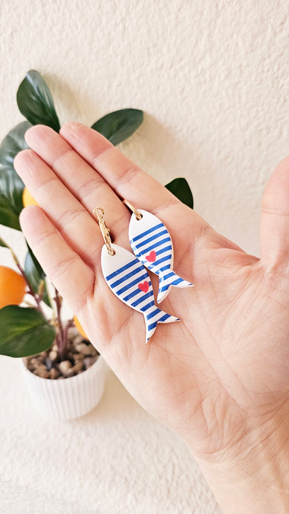 Striped Fish Earrings - Nautical Polymer Clay Dangles with Red Heart, Coastal Jewelry, Handmade Gift for Ocean Lovers