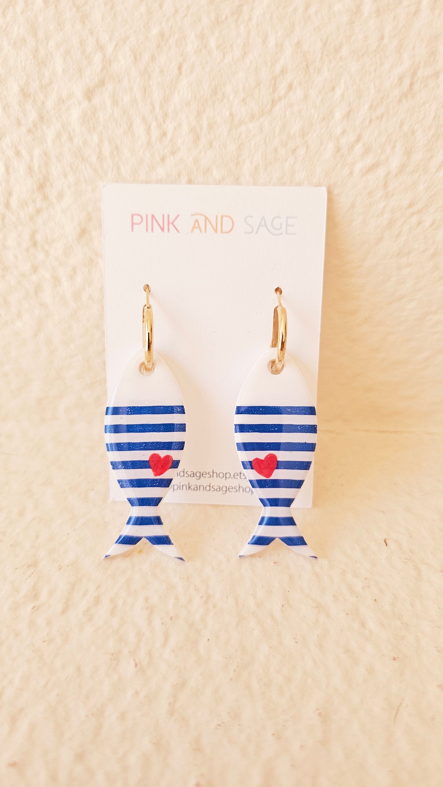 Striped Fish Earrings - Nautical Polymer Clay Dangles with Red Heart, Coastal Jewelry, Handmade Gift for Ocean Lovers