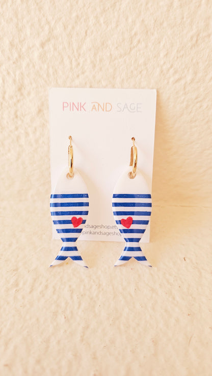 Striped Fish Earrings - Nautical Polymer Clay Dangles with Red Heart, Coastal Jewelry, Handmade Gift for Ocean Lovers
