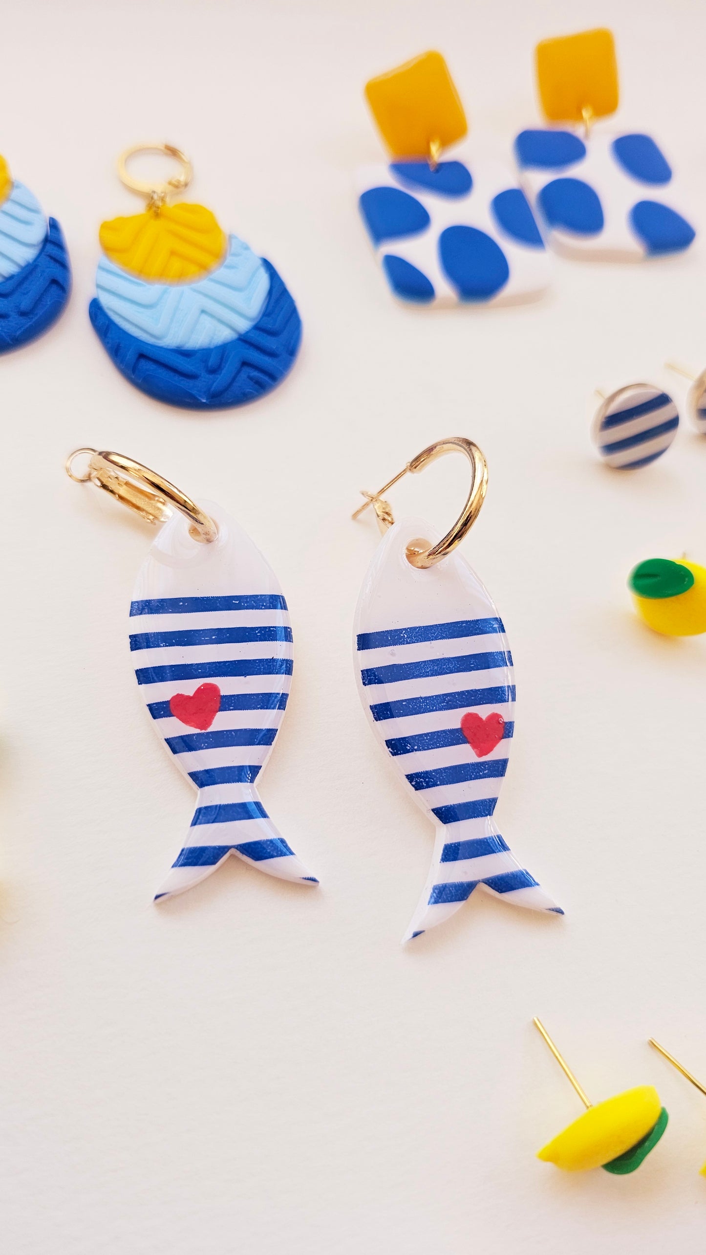 Striped Fish Earrings - Nautical Polymer Clay Dangles with Red Heart, Coastal Jewelry, Handmade Gift for Ocean Lovers