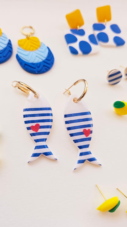 Striped Fish Earrings - Nautical Polymer Clay Dangles with Red Heart, Coastal Jewelry, Handmade Gift for Ocean Lovers