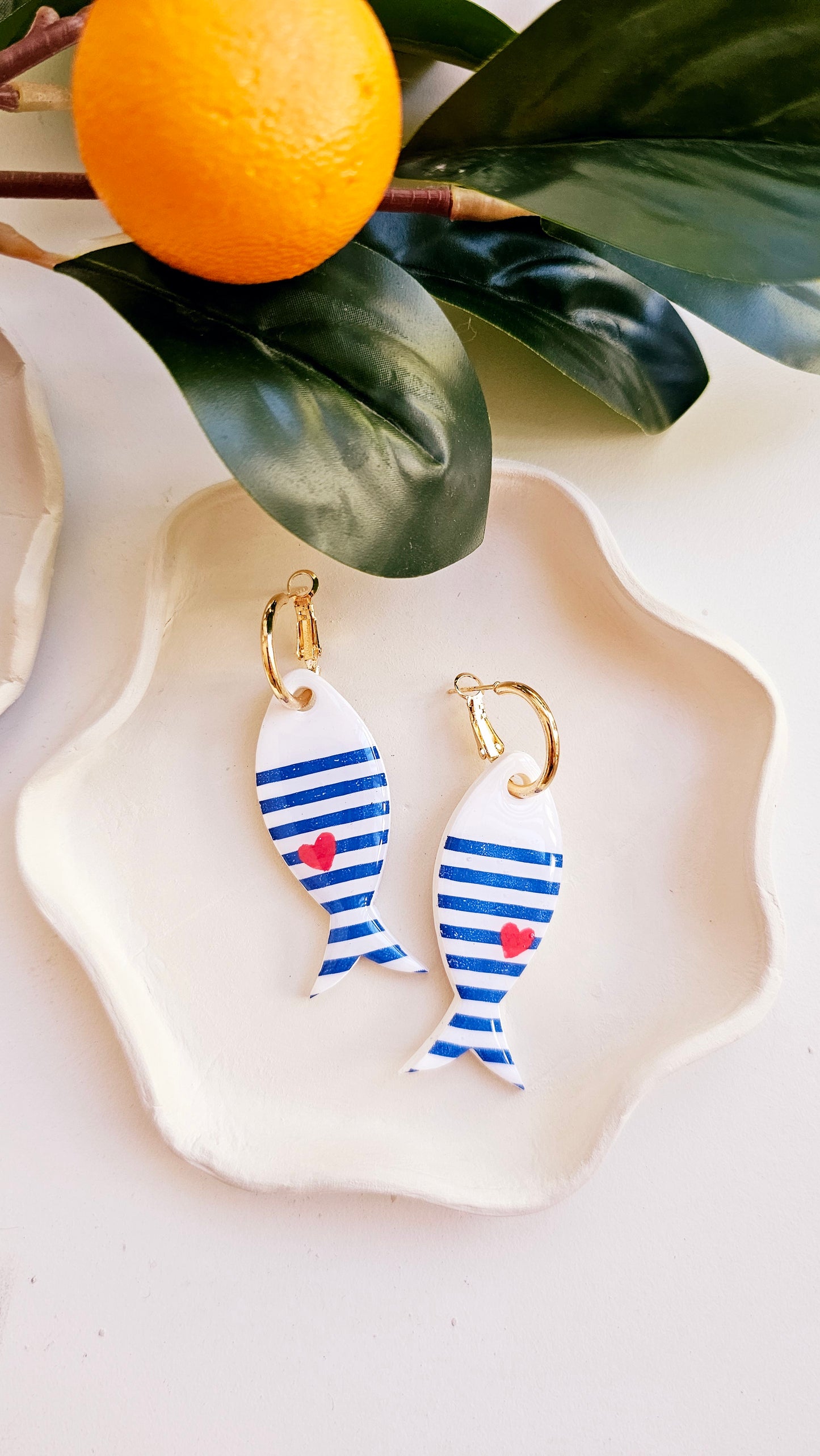 Striped Fish Earrings - Nautical Polymer Clay Dangles with Red Heart, Coastal Jewelry, Handmade Gift for Ocean Lovers
