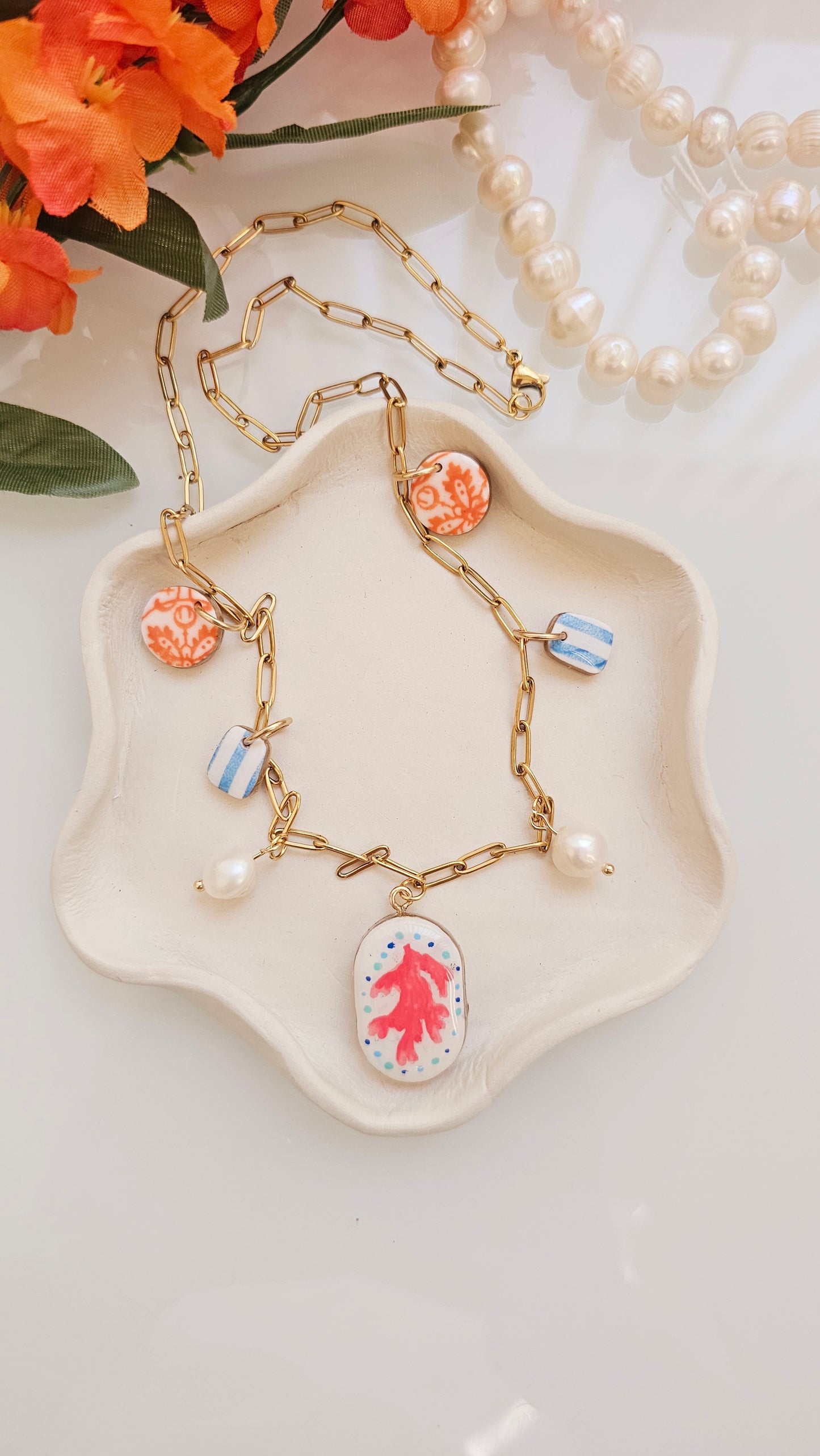 Coral Reef Charm Necklace – Polymer Clay Jewelry with Pearls – Coastal Pendant – Nautical Jewelry – Handmade Gift for Beach Lovers