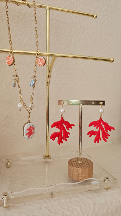 Coral Reef Polymer Clay Earrings – Statement Earrings with Freshwater Pearl, Ocean-Inspired Jewelry, Beach Wedding Earrings, Handmade Gift