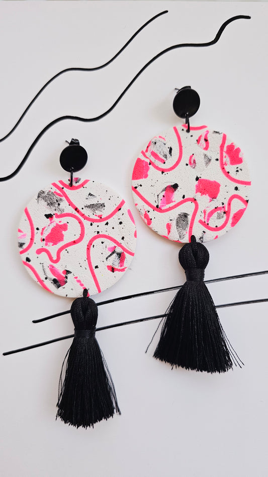Neon Pink Abstract Art Polymer Clay Statement Earrings with Tassles