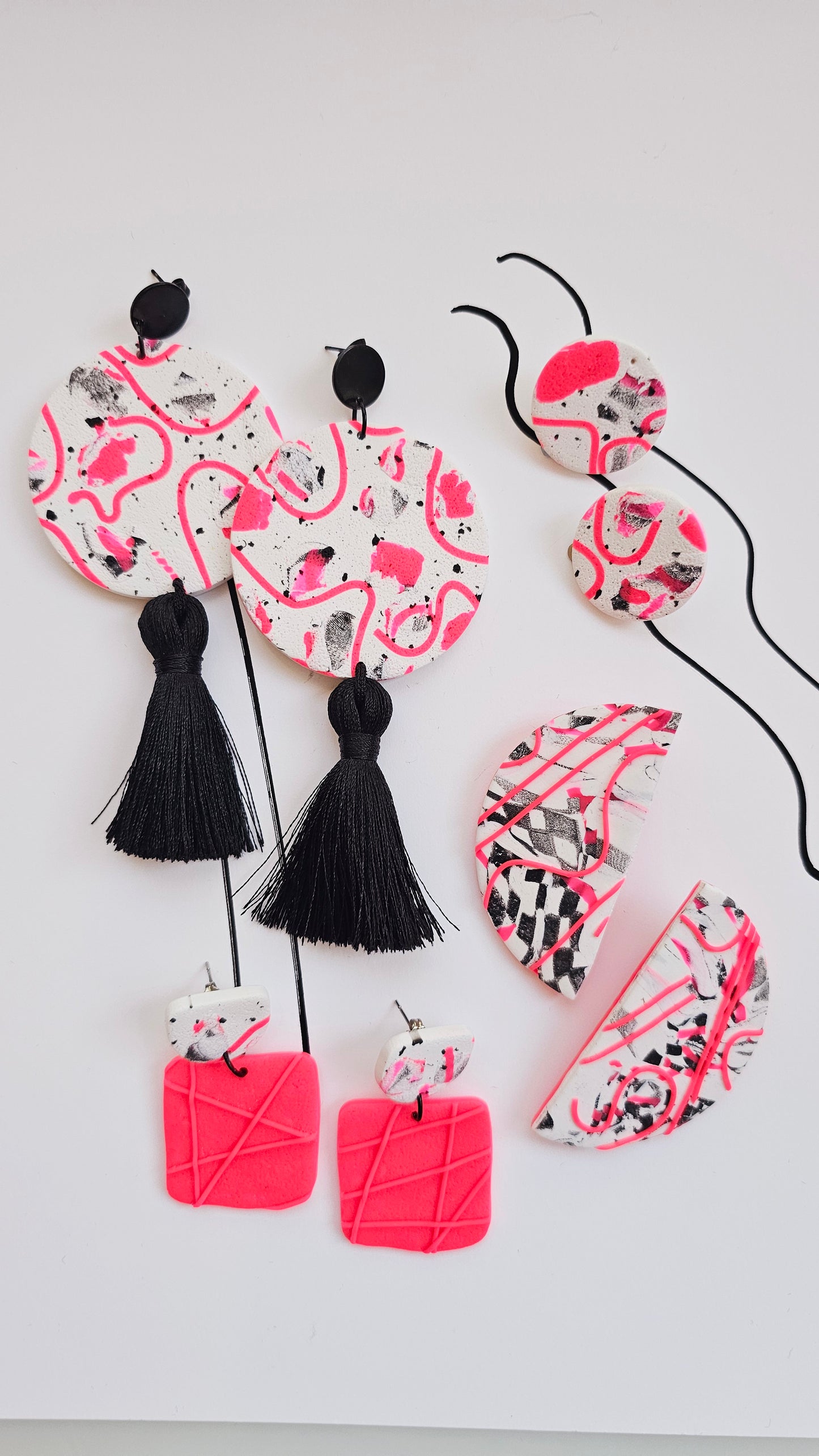 Neon Pink Abstract Art Polymer Clay Statement Earrings with Tassles