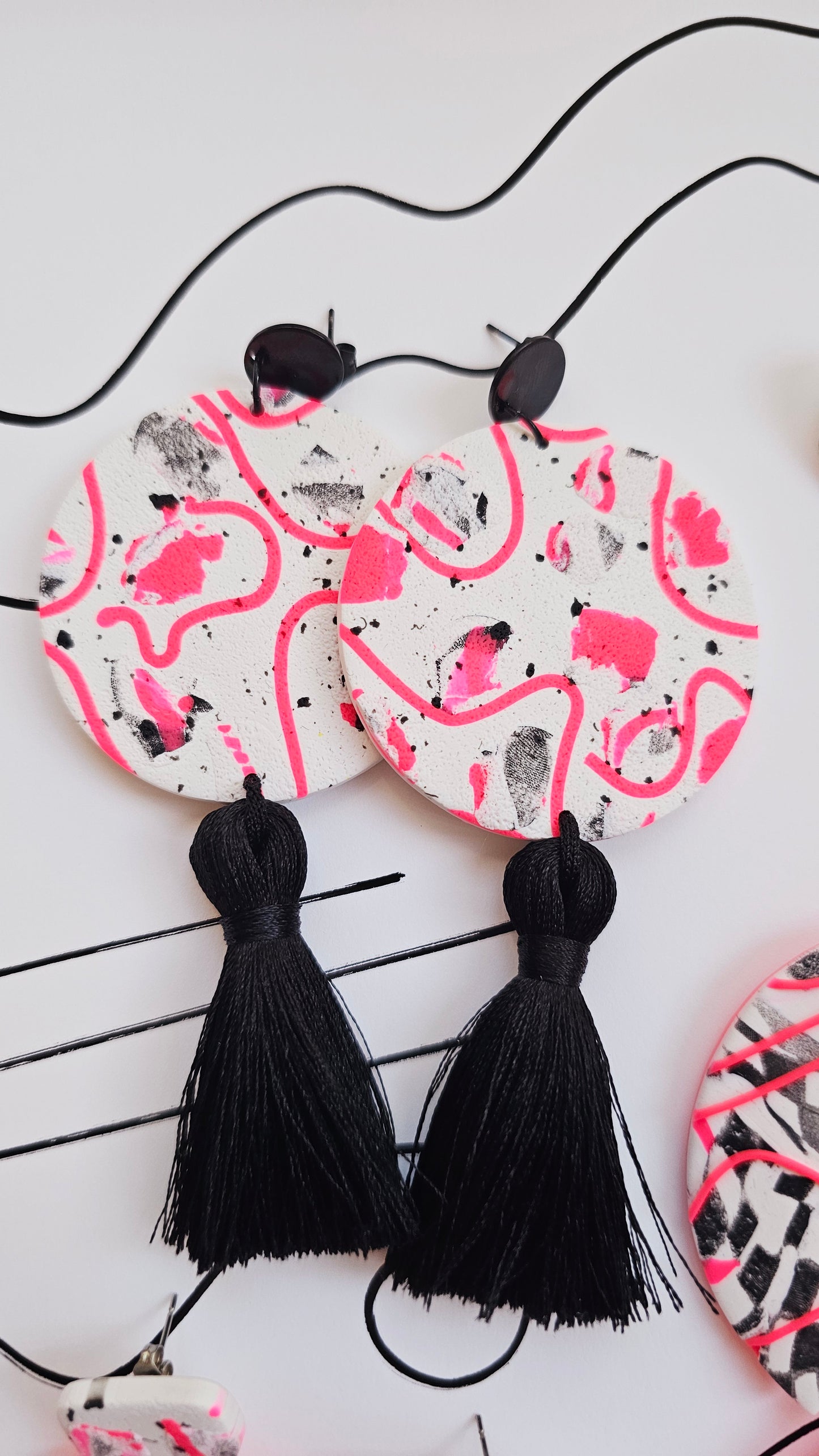 Neon Pink Abstract Art Polymer Clay Statement Earrings with Tassles