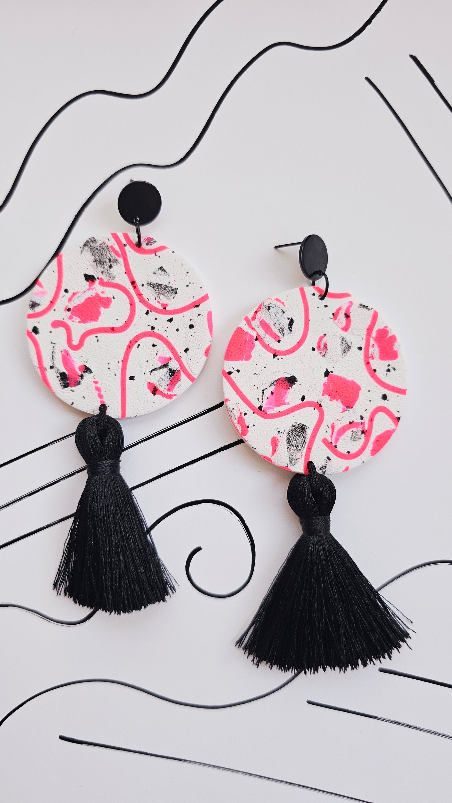 Neon Pink Abstract Art Polymer Clay Statement Earrings with Tassles