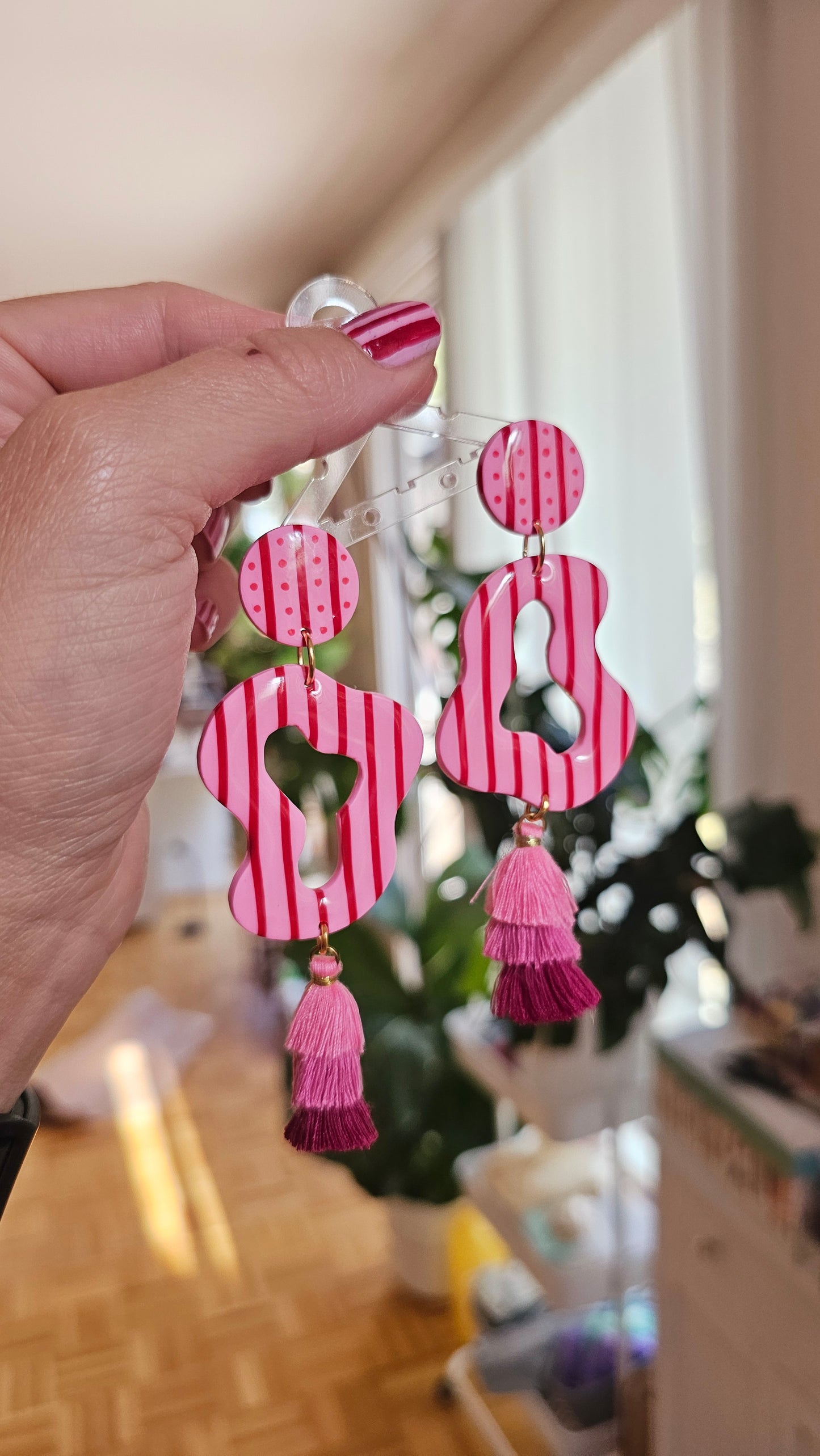 Pink & Red Striped Statement Earrings with Tiered Tassels