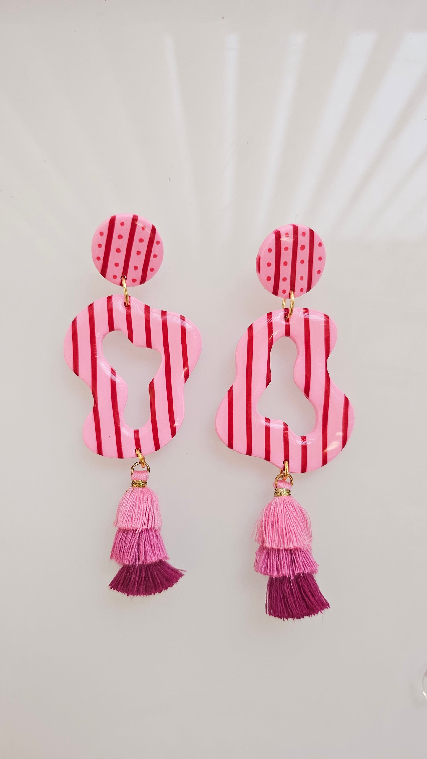 Pink & Red Striped Statement Earrings with Tiered Tassels
