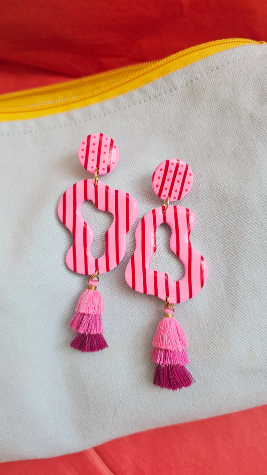 Pink & Red Striped Statement Earrings with Tiered Tassels