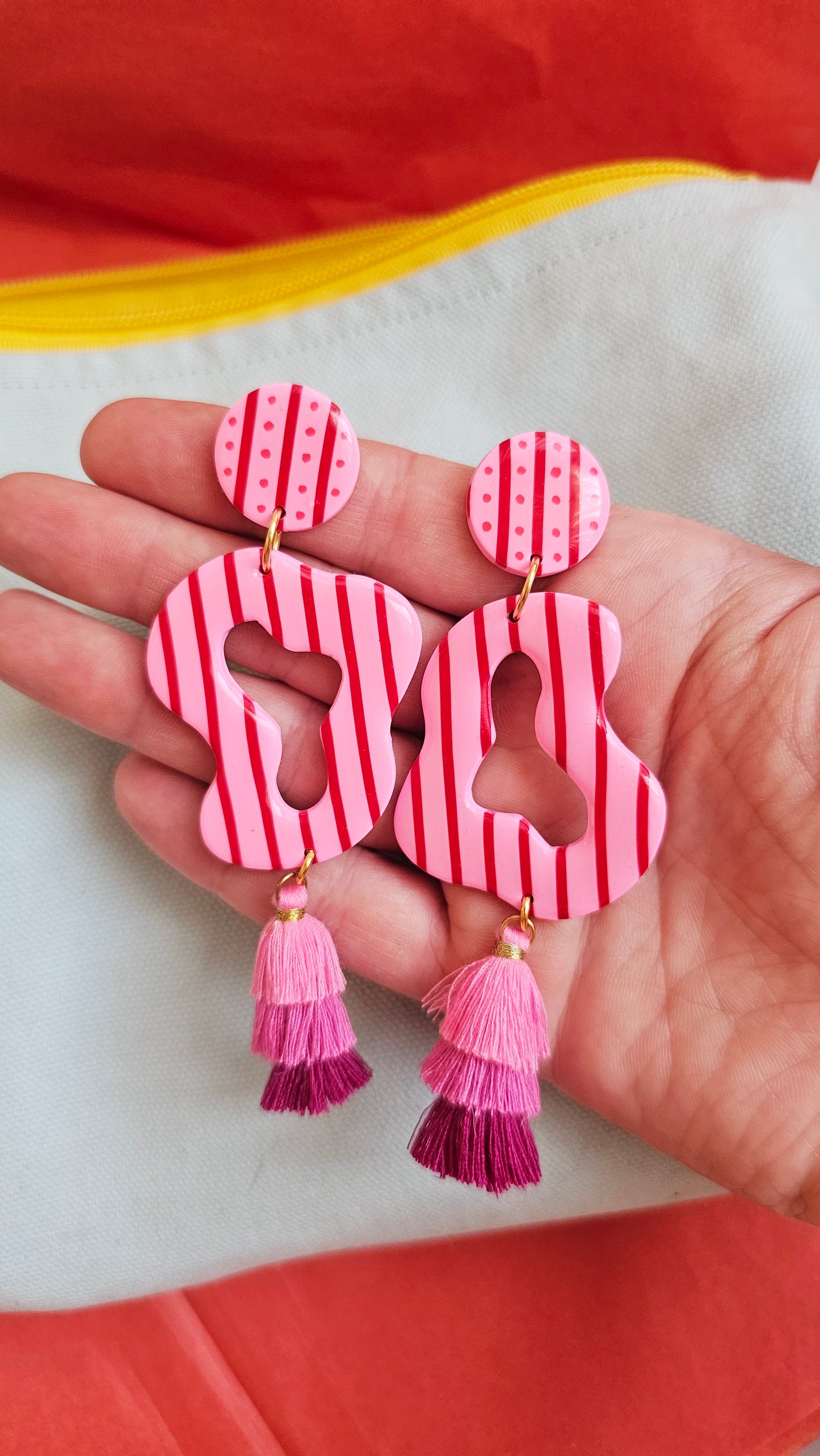 Pink & Red Striped Statement Earrings with Tiered Tassels