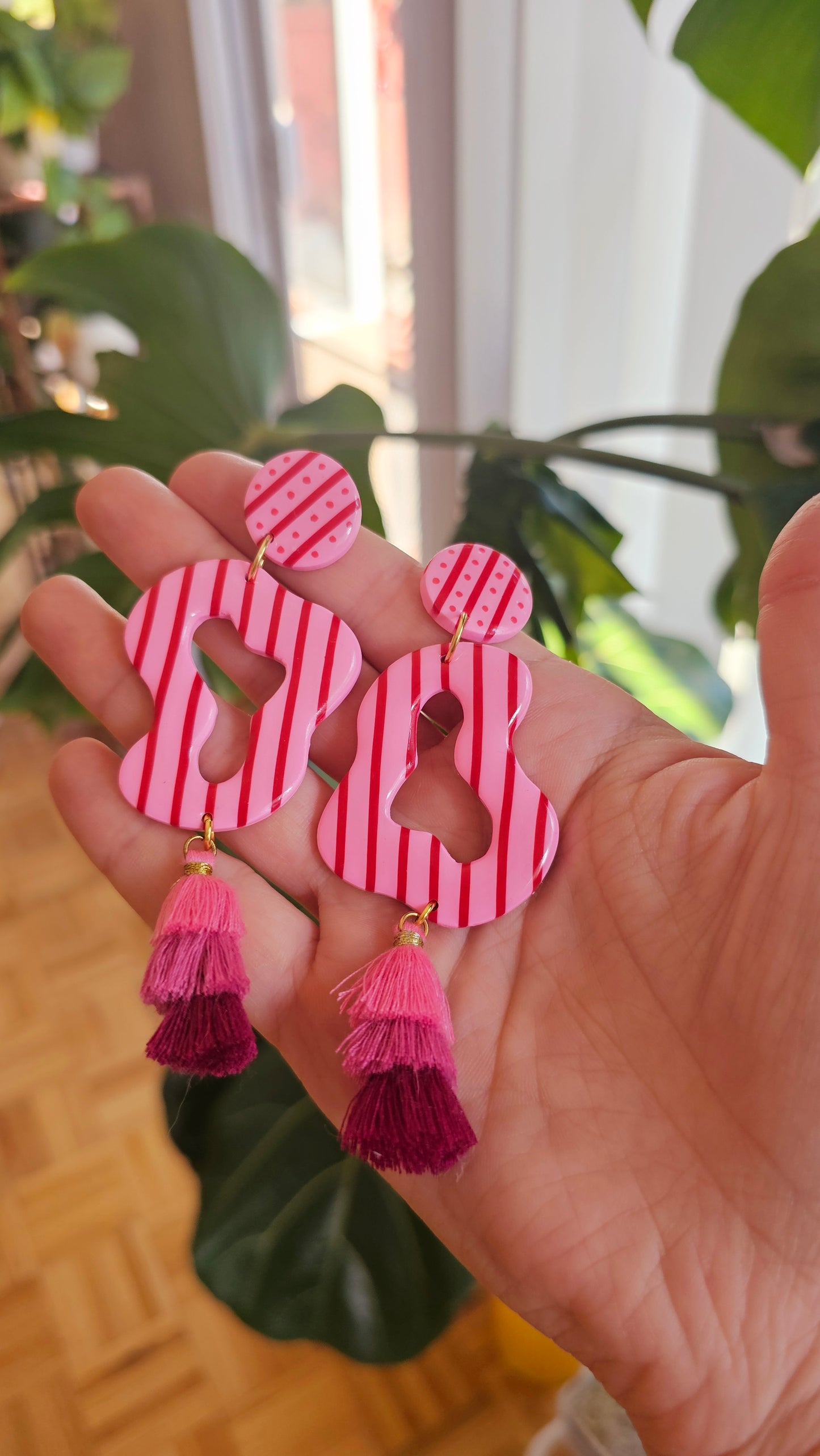 Pink & Red Striped Statement Earrings with Tiered Tassels