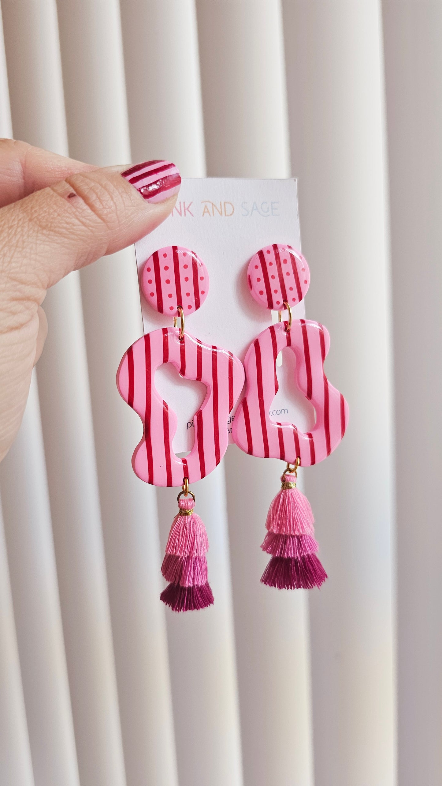 Pink & Red Striped Statement Earrings with Tiered Tassels