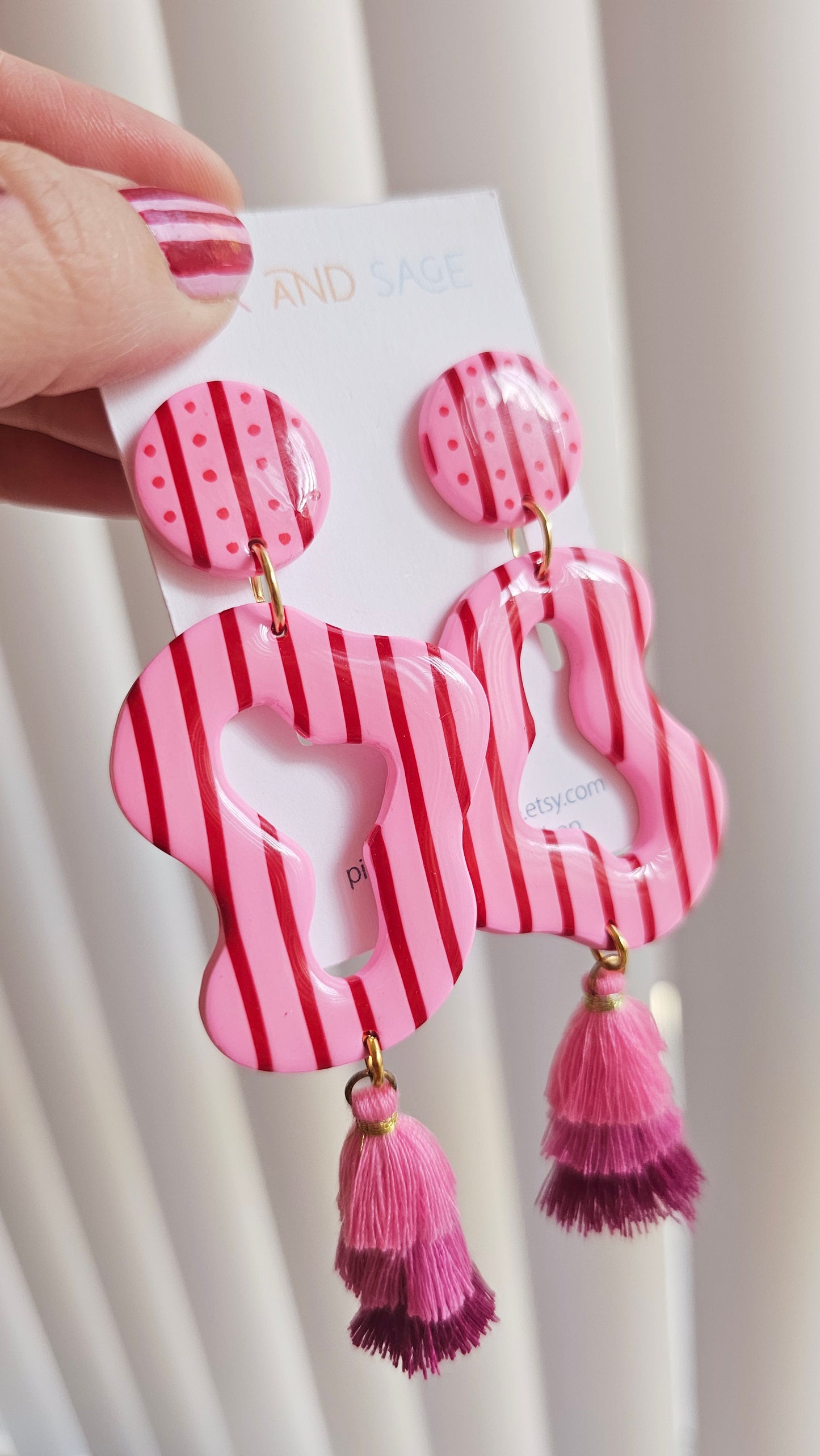 Pink & Red Striped Statement Earrings with Tiered Tassels
