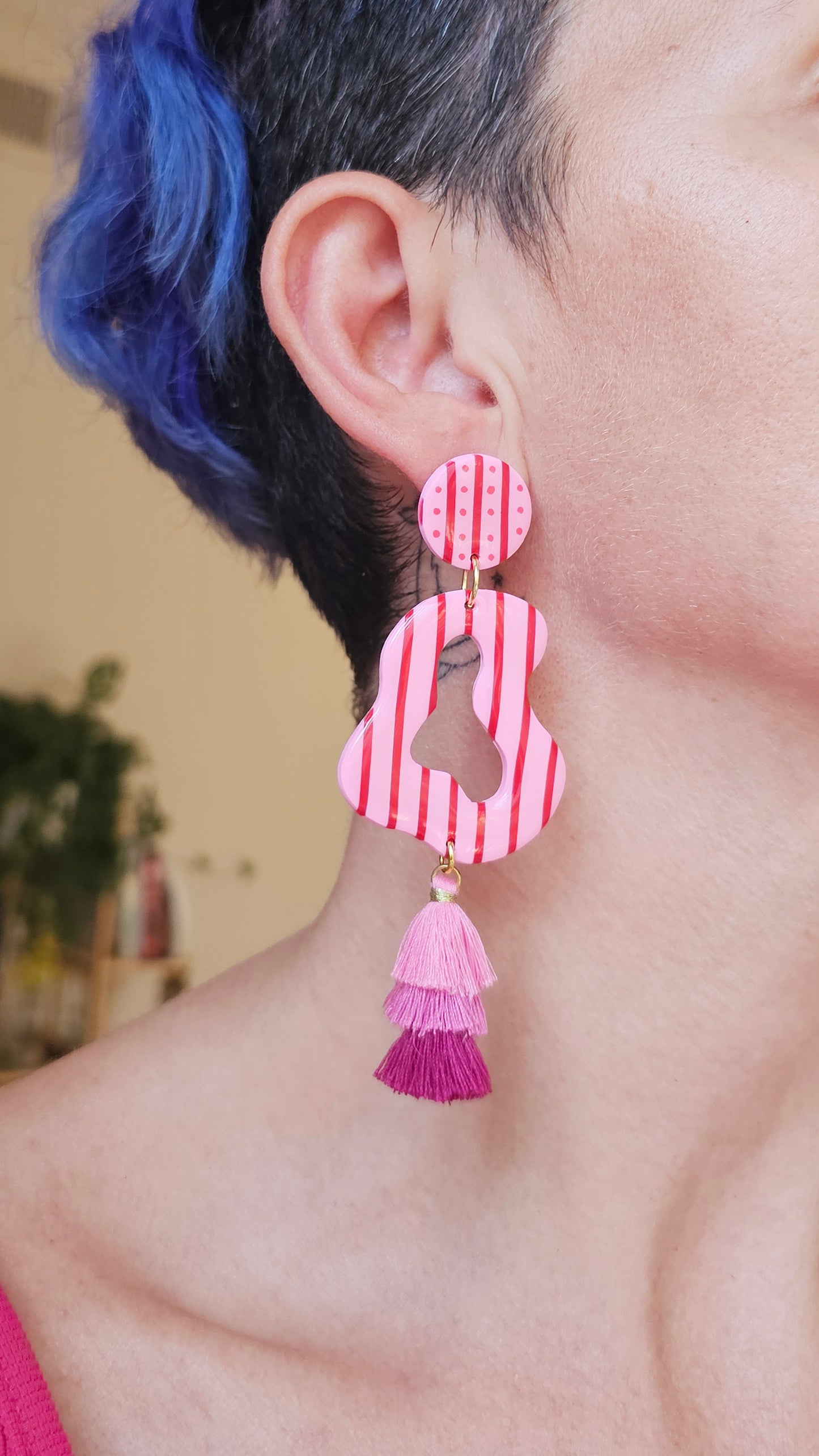 Pink & Red Striped Statement Earrings with Tiered Tassels