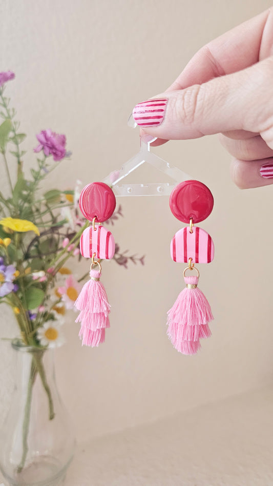 Pink & Red Striped Dangles with Tiered Tassels