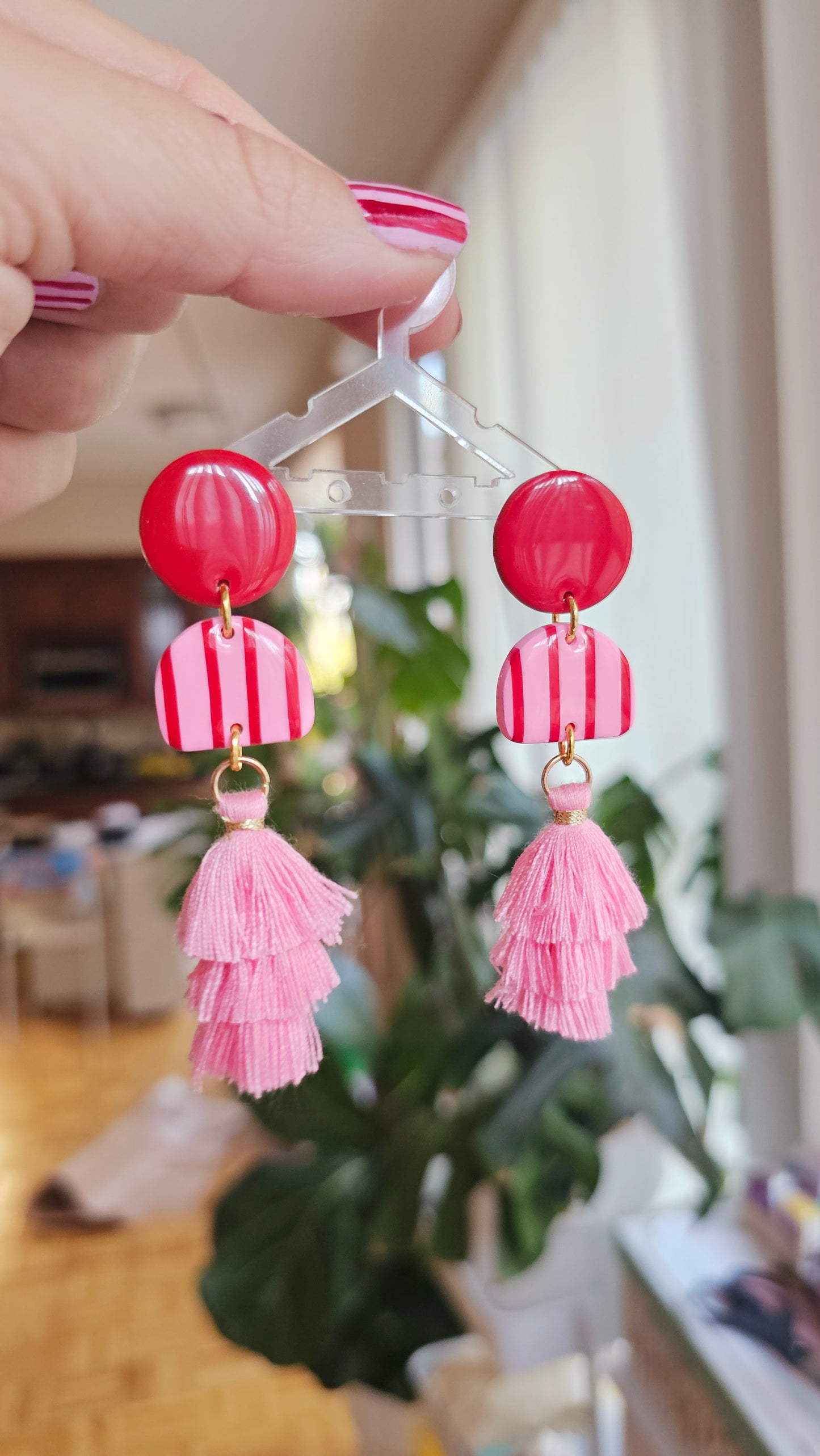 Pink & Red Striped Dangles with Tiered Tassels