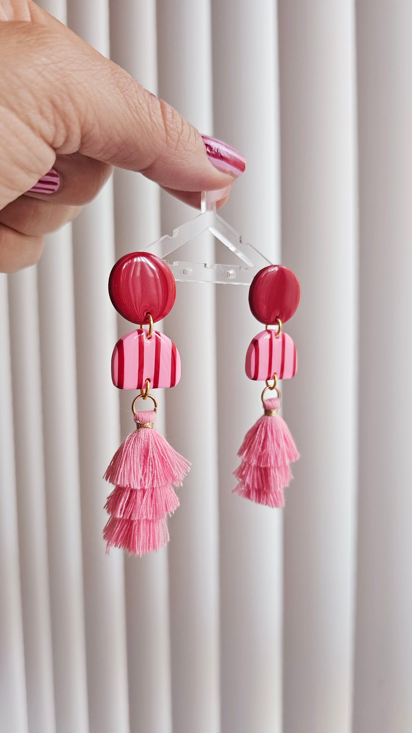 Pink & Red Striped Dangles with Tiered Tassels