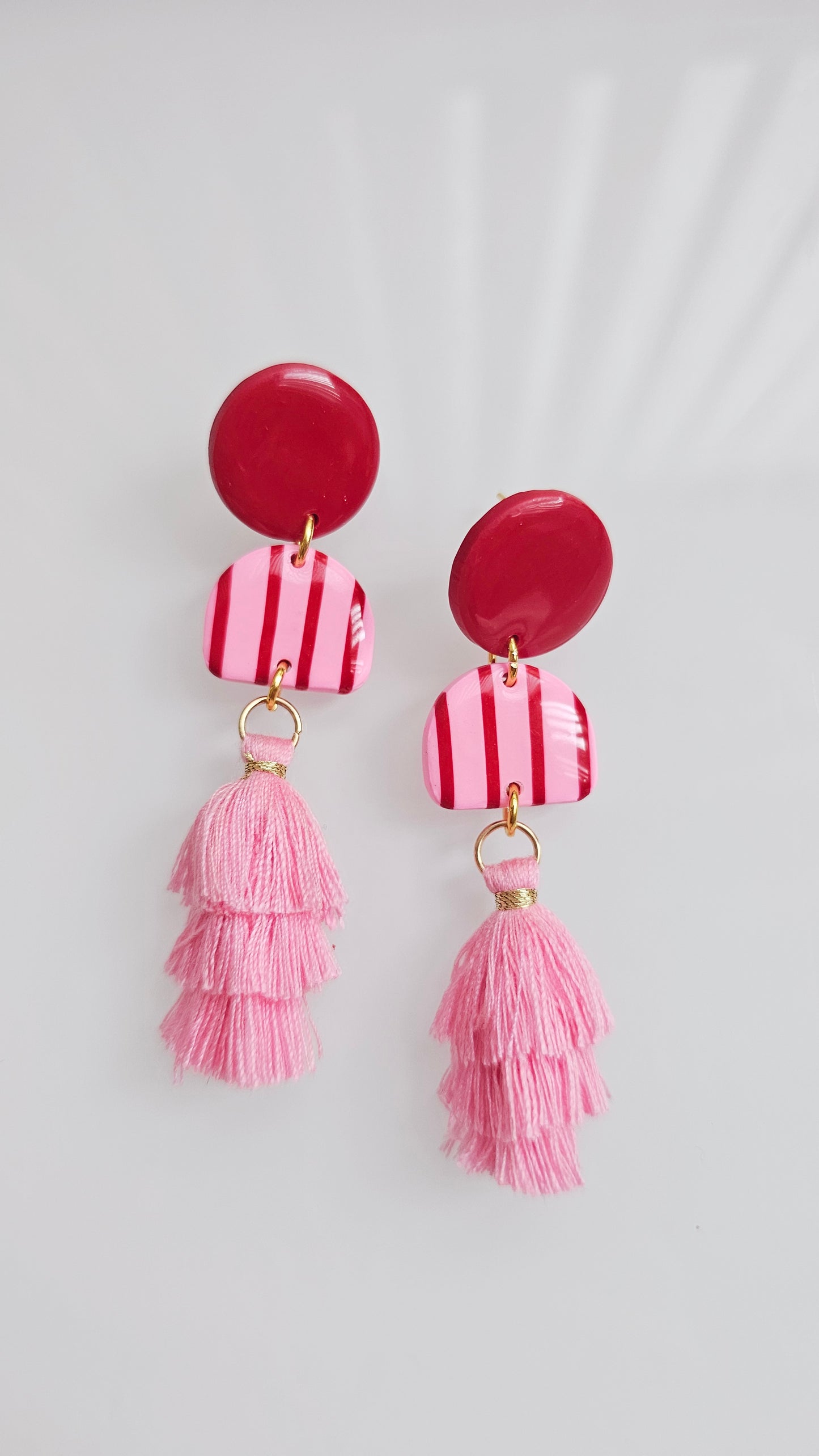 Pink & Red Striped Dangles with Tiered Tassels