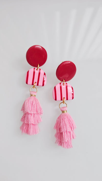 Pink & Red Striped Dangles with Tiered Tassels