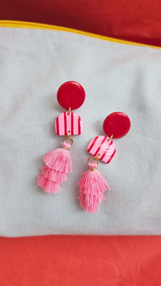 Pink & Red Striped Dangles with Tiered Tassels