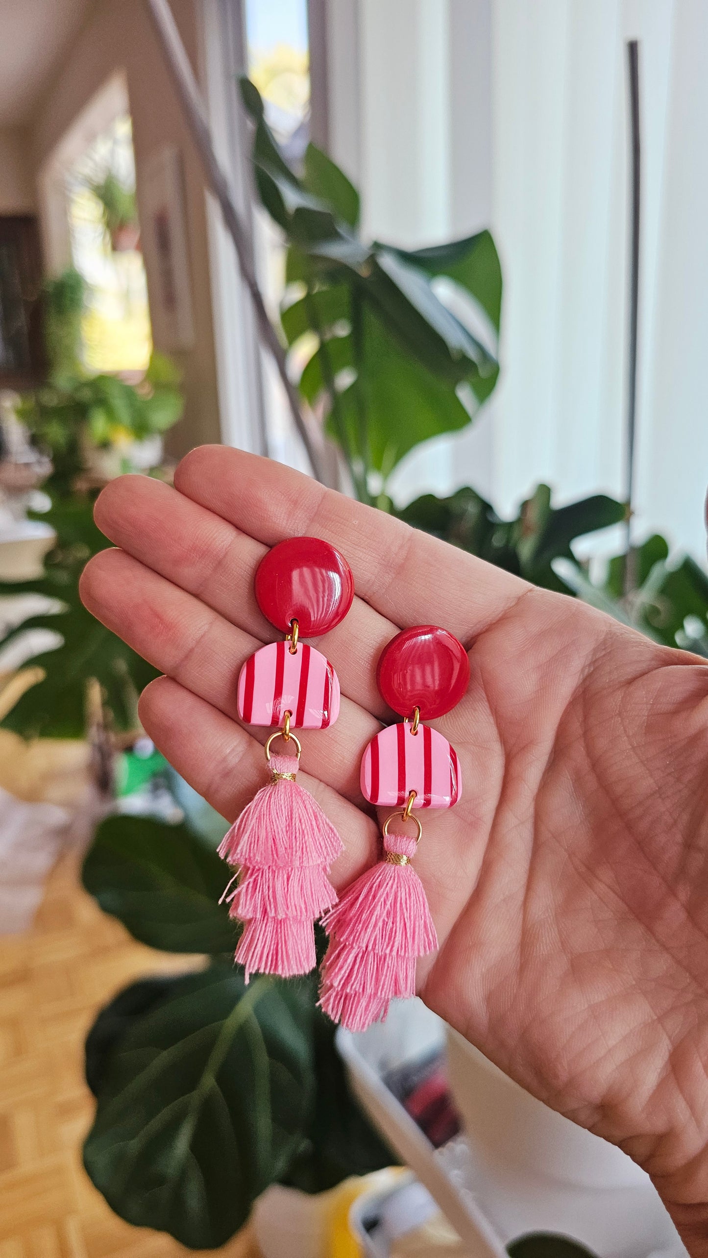 Pink & Red Striped Dangles with Tiered Tassels