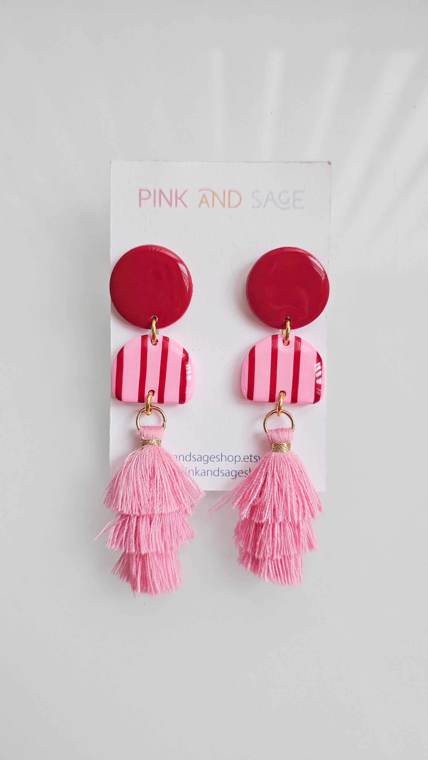 Pink & Red Striped Dangles with Tiered Tassels