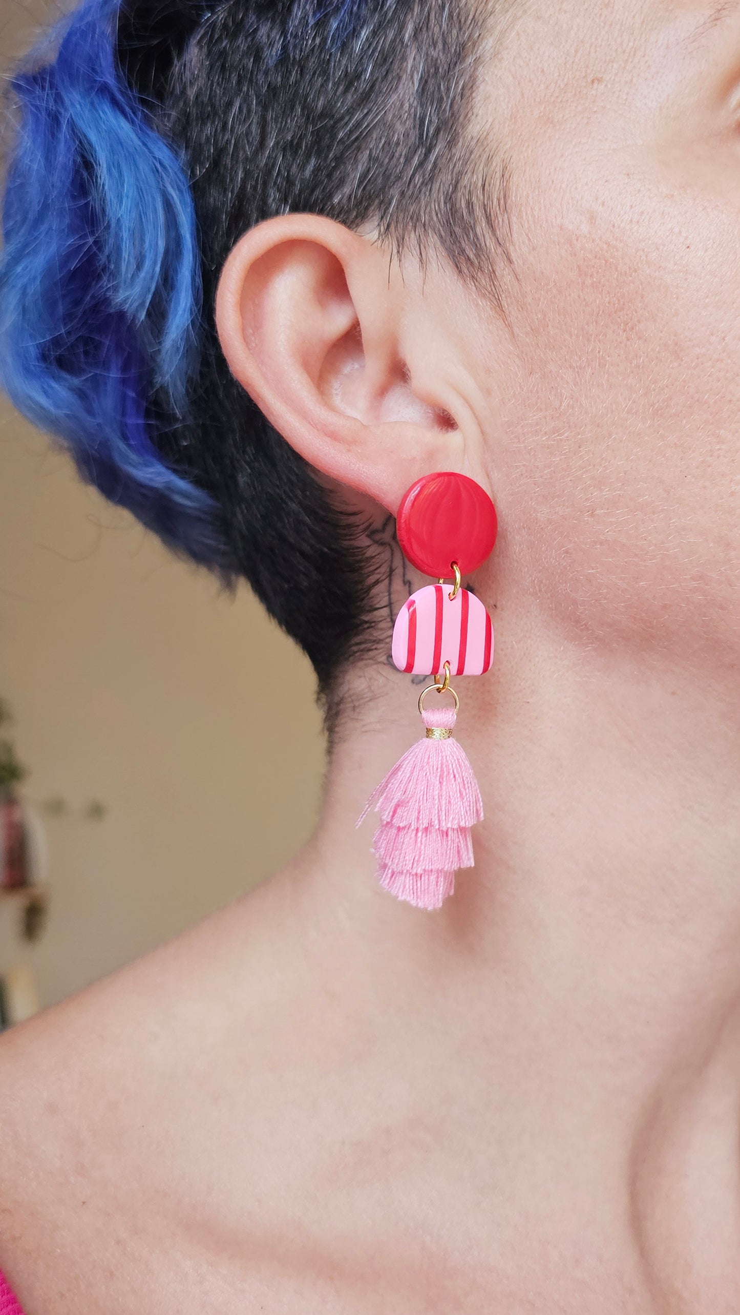 Pink & Red Striped Dangles with Tiered Tassels