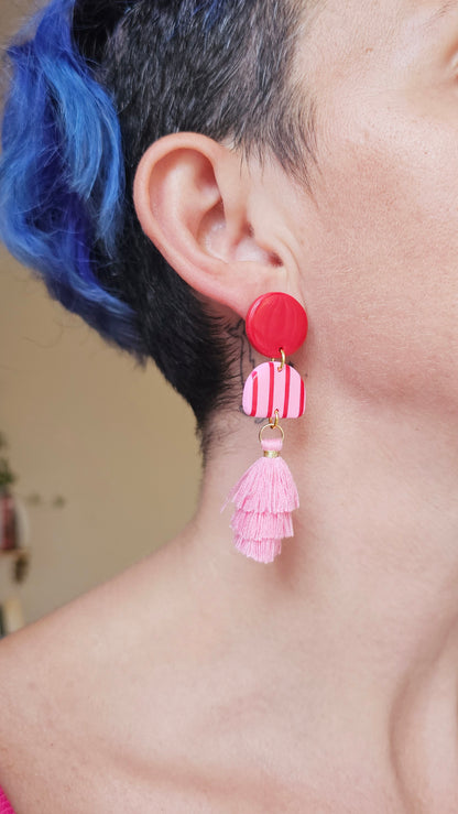 Pink & Red Striped Dangles with Tiered Tassels